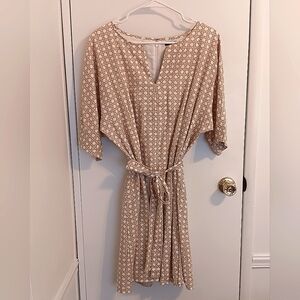 Tan & Cream Linen Blend Rattan Print Dress Soft Shoulder Lined Self Tie Sz 8